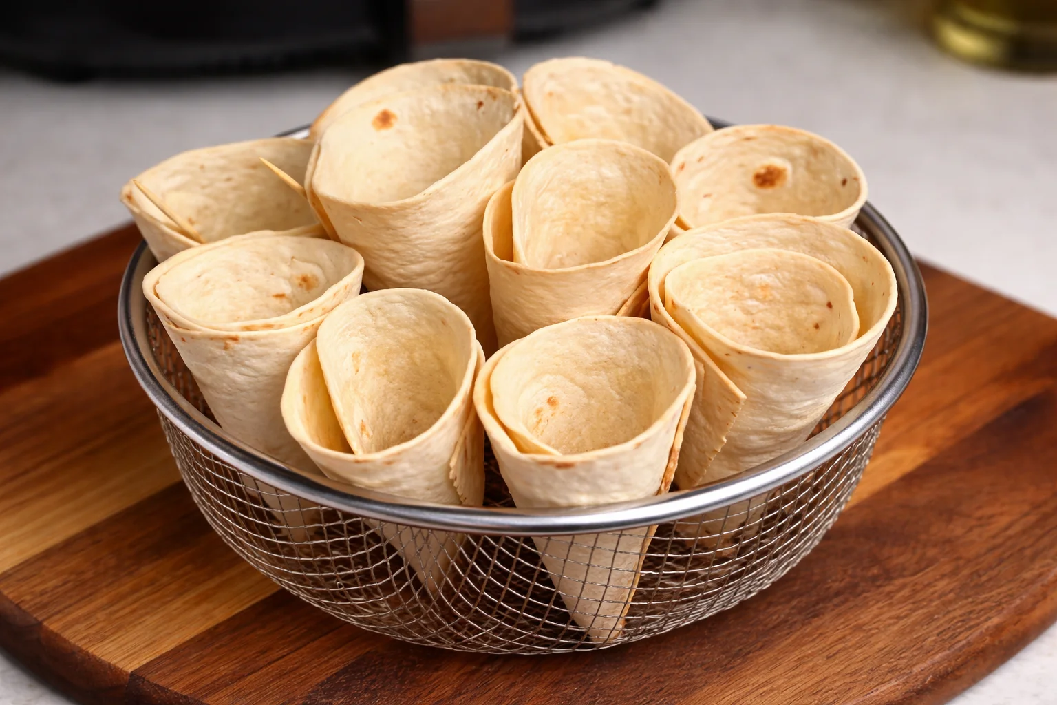Pre baked crispy tortilla cones ready to be filled with pizza toppings