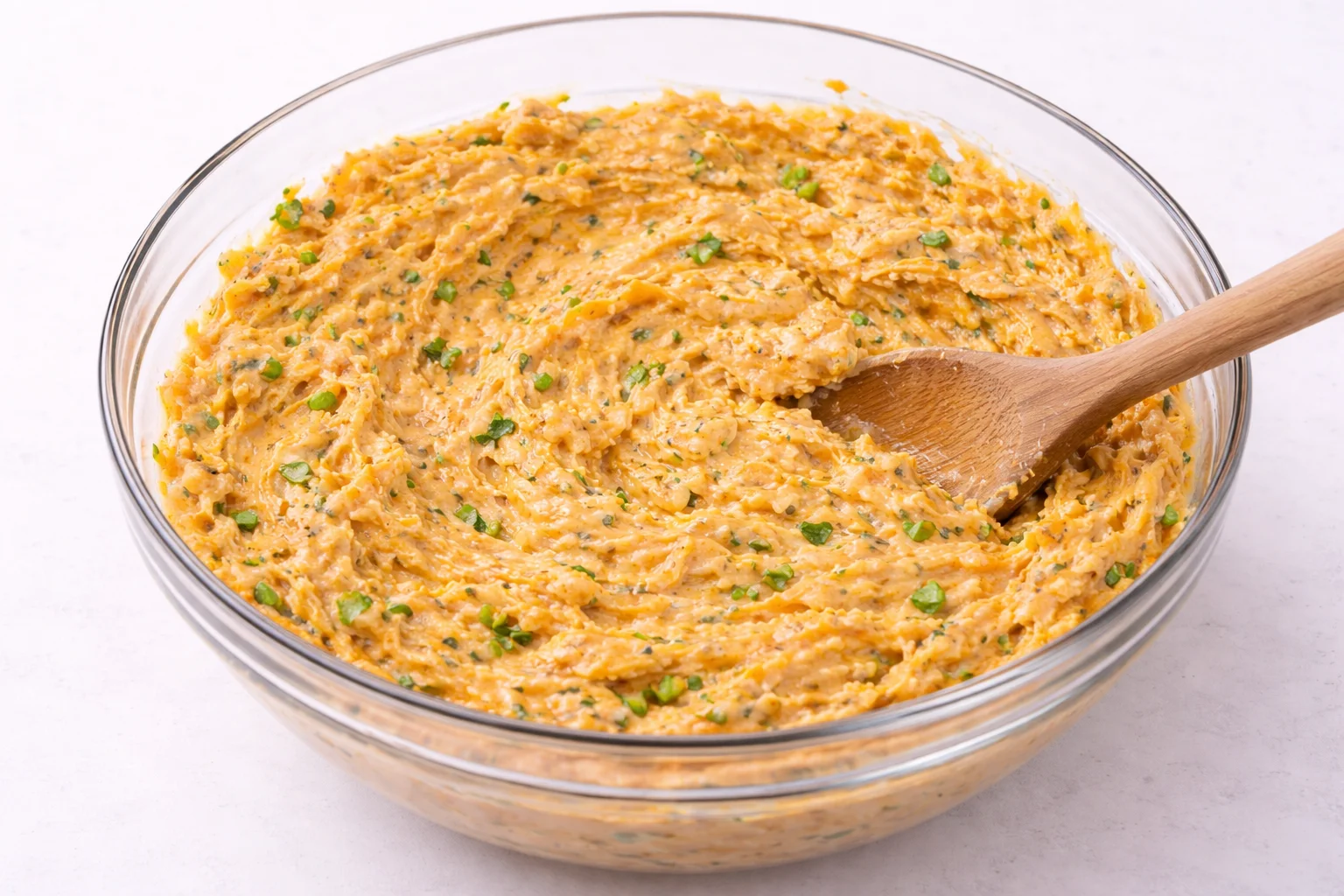 Creamy buffalo chicken slider filling fully mixed and ready to assemble