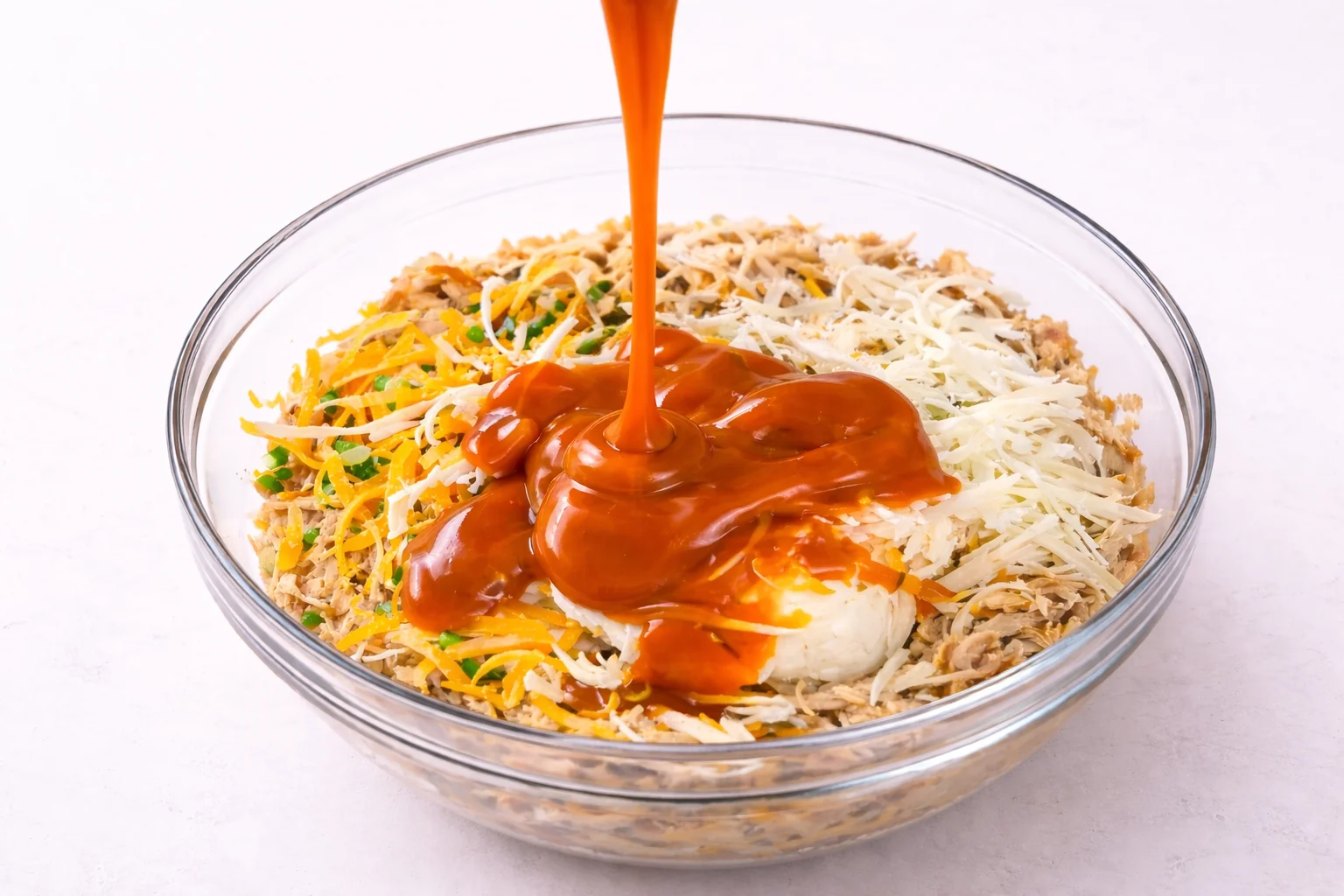 Buffalo sauce and cheeses added to shredded chicken for Buffalo Chicken Sliders filling