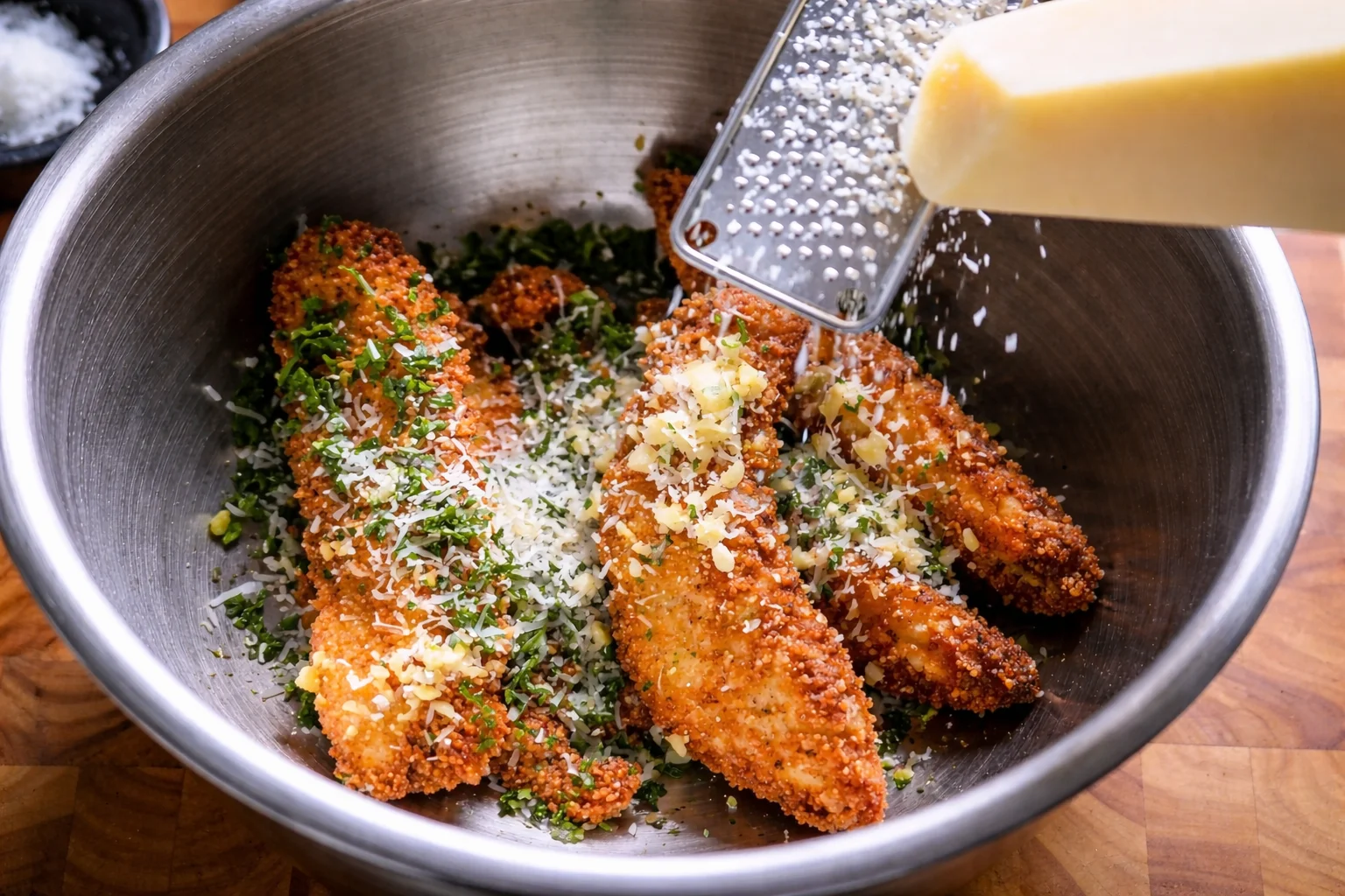 Crispy garlic parmesan chicken tenders tossed with butter, fresh herbs, and grated parmesan