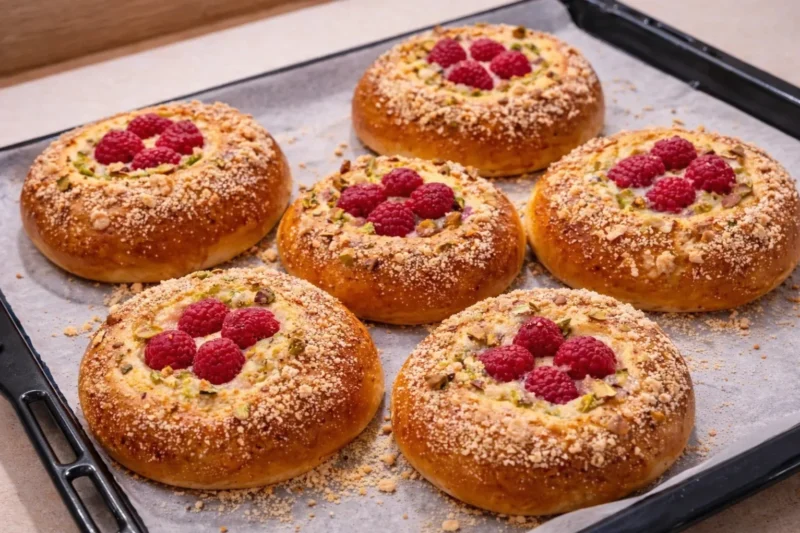 Homemade Raspberry Pistachio Buns with Yogurt Filling