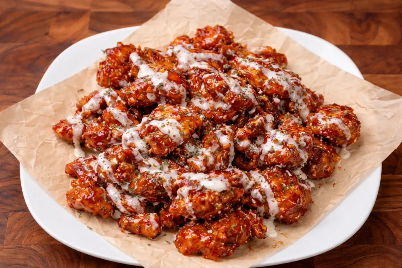 Plate of crispy sweet and spicy glazed chicken bites drizzled with a light creamy sauce and sprinkled with herbs.