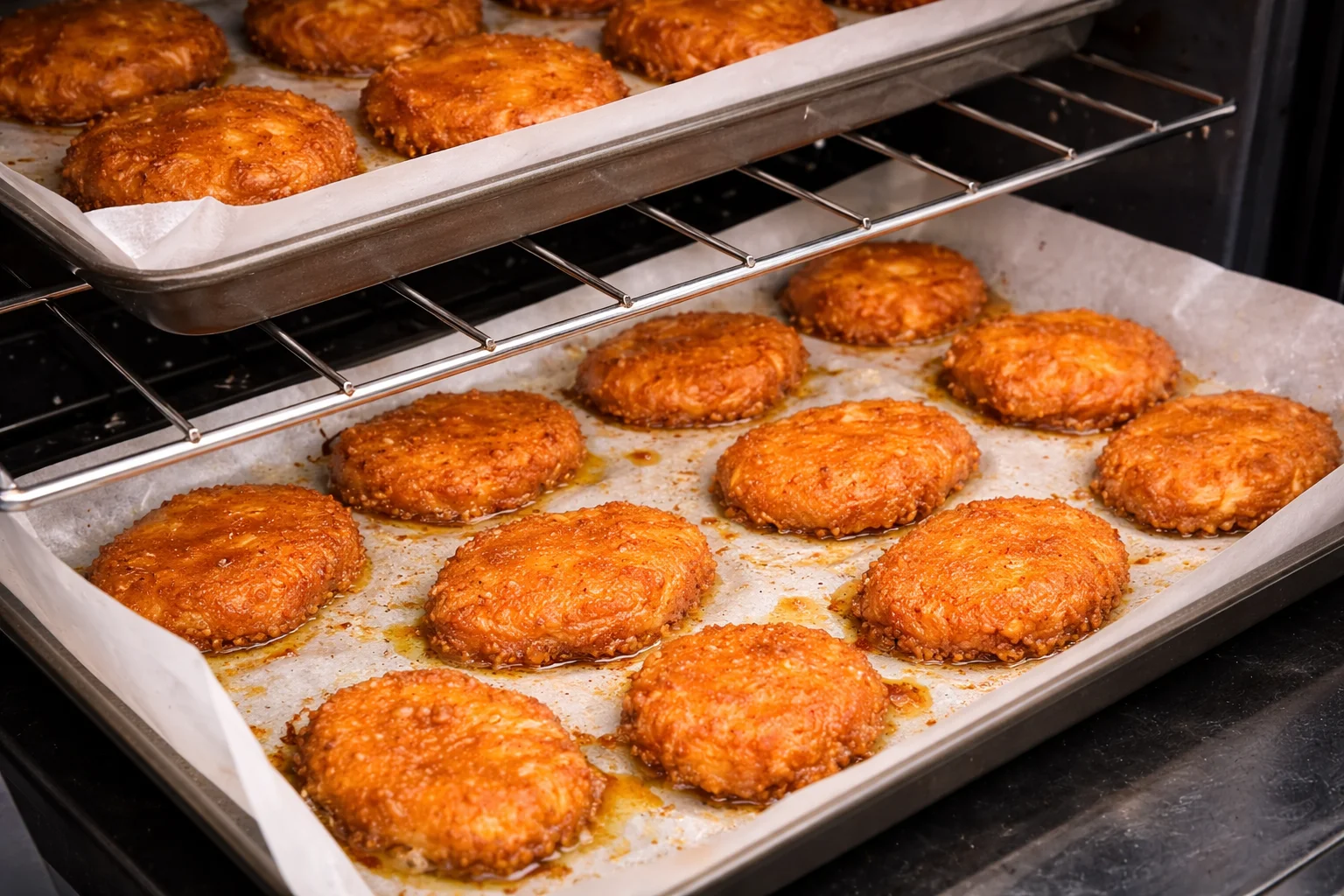 Golden crispy oven baked chicken nuggets cooking on parchment lined tray inside oven