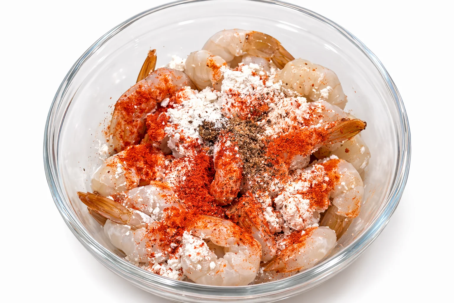 raw shrimp mixed with paprika seasoning and flour in bowl