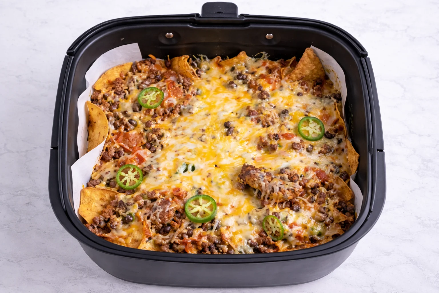 After a few minutes in the air fryer the cheese melts beautifully over the layers creating hot crispy and irresistible loaded nachos ready to serve.