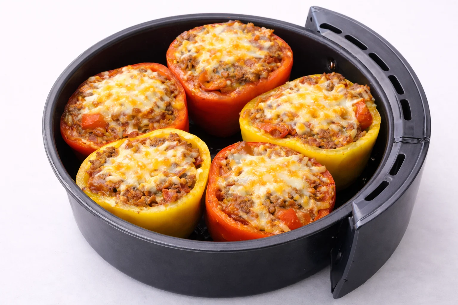 stuffed peppers cooking in air fryer with melted cheese