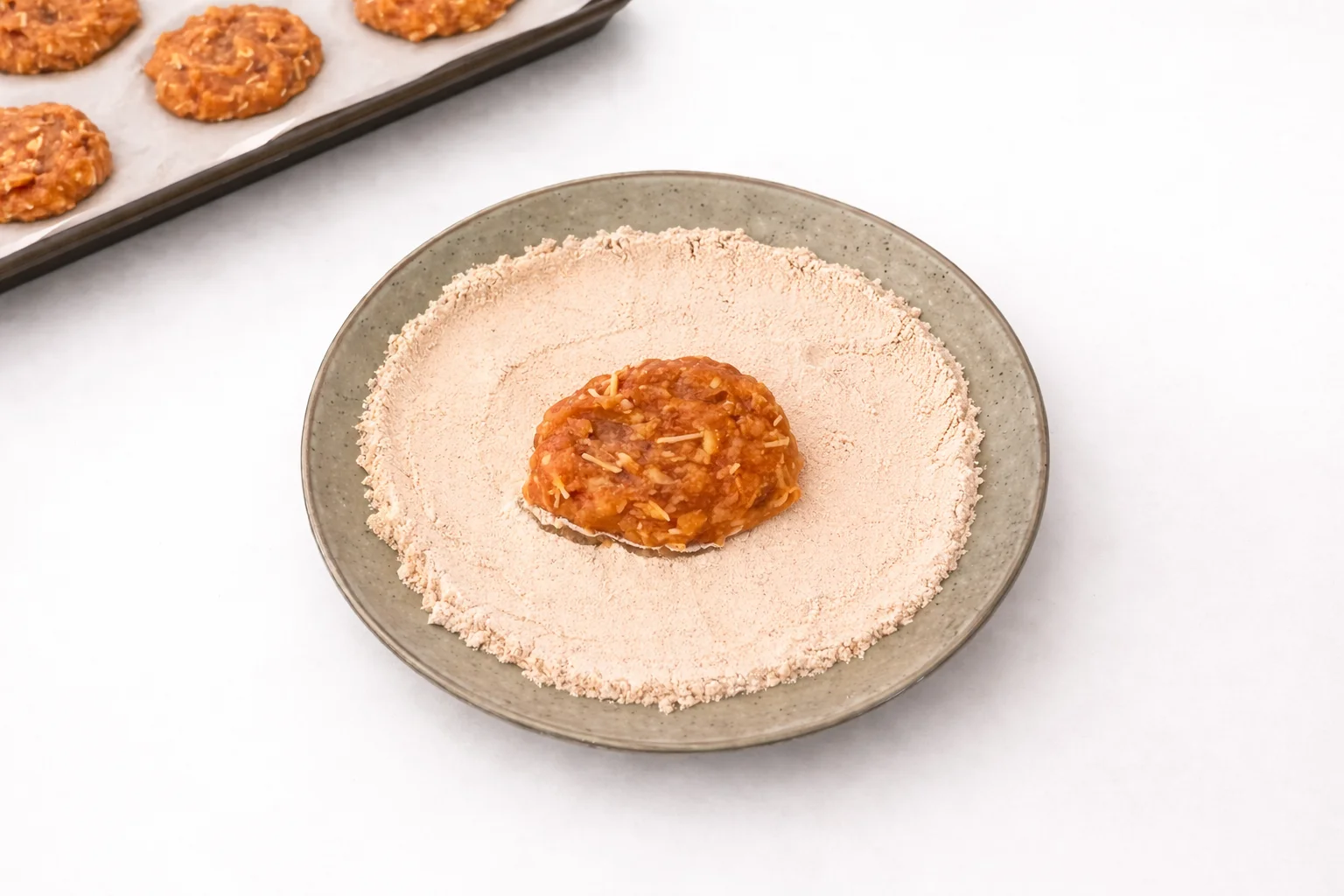 Raw chicken nugget coated in seasoned flour before baking in oven