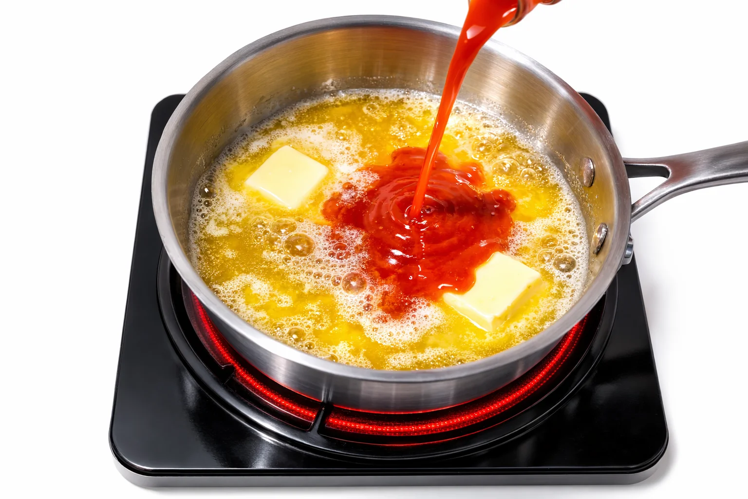 Butter melting with hot sauce in a saucepan for glaze
