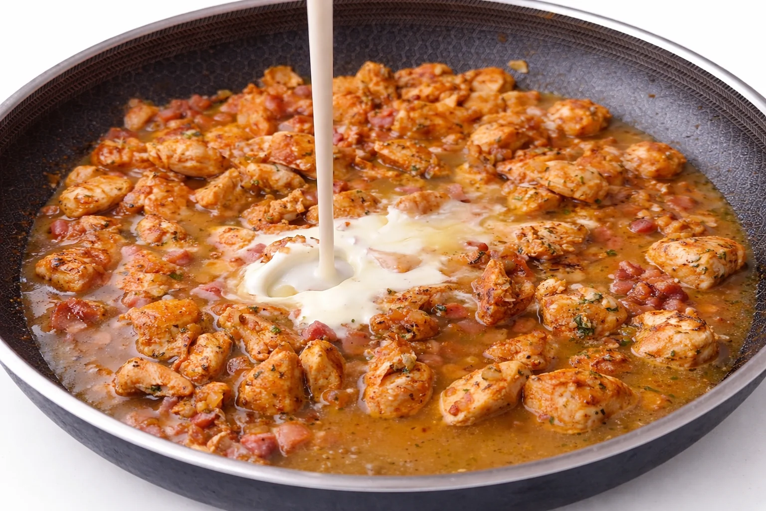 Cream being poured into chicken and bacon skillet to create creamy sauce for one pan chicken rice