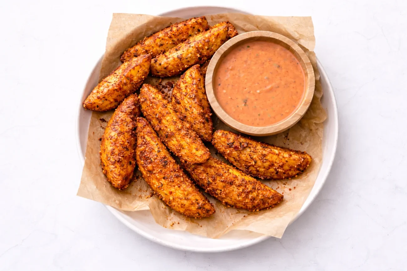 crispy garlic parmesan potato wedges served with dipping sauce