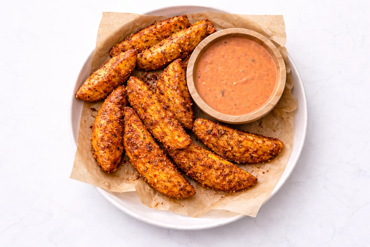 crispy garlic parmesan potato wedges served with dipping sauce
