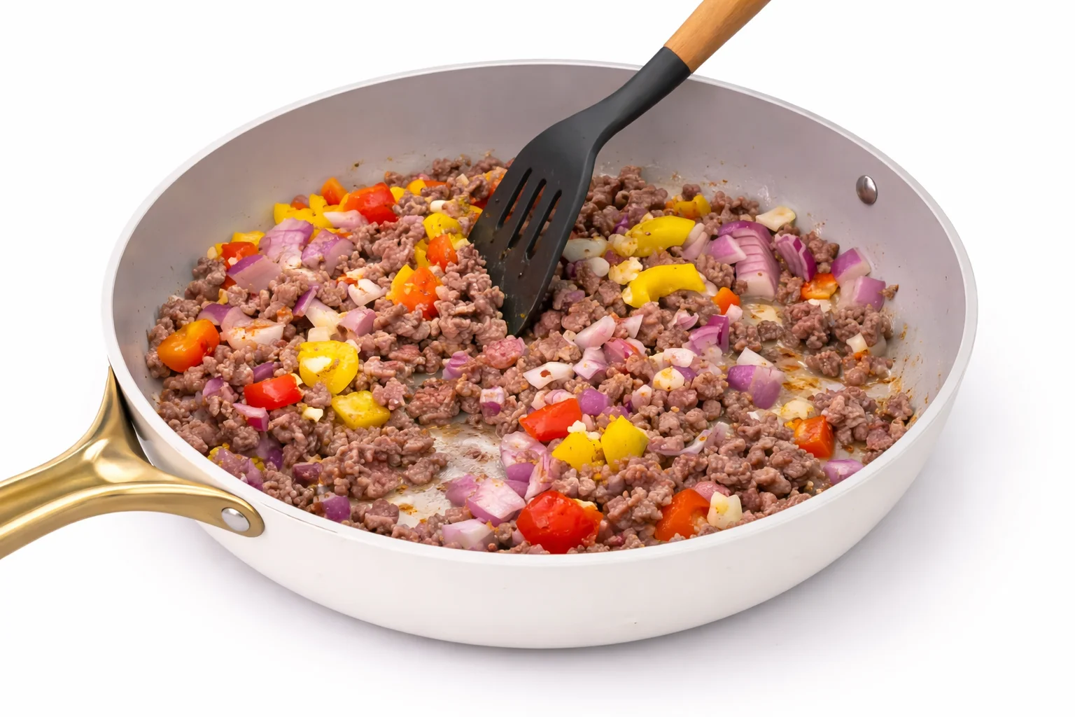 ground beef cooking with onions and peppers
