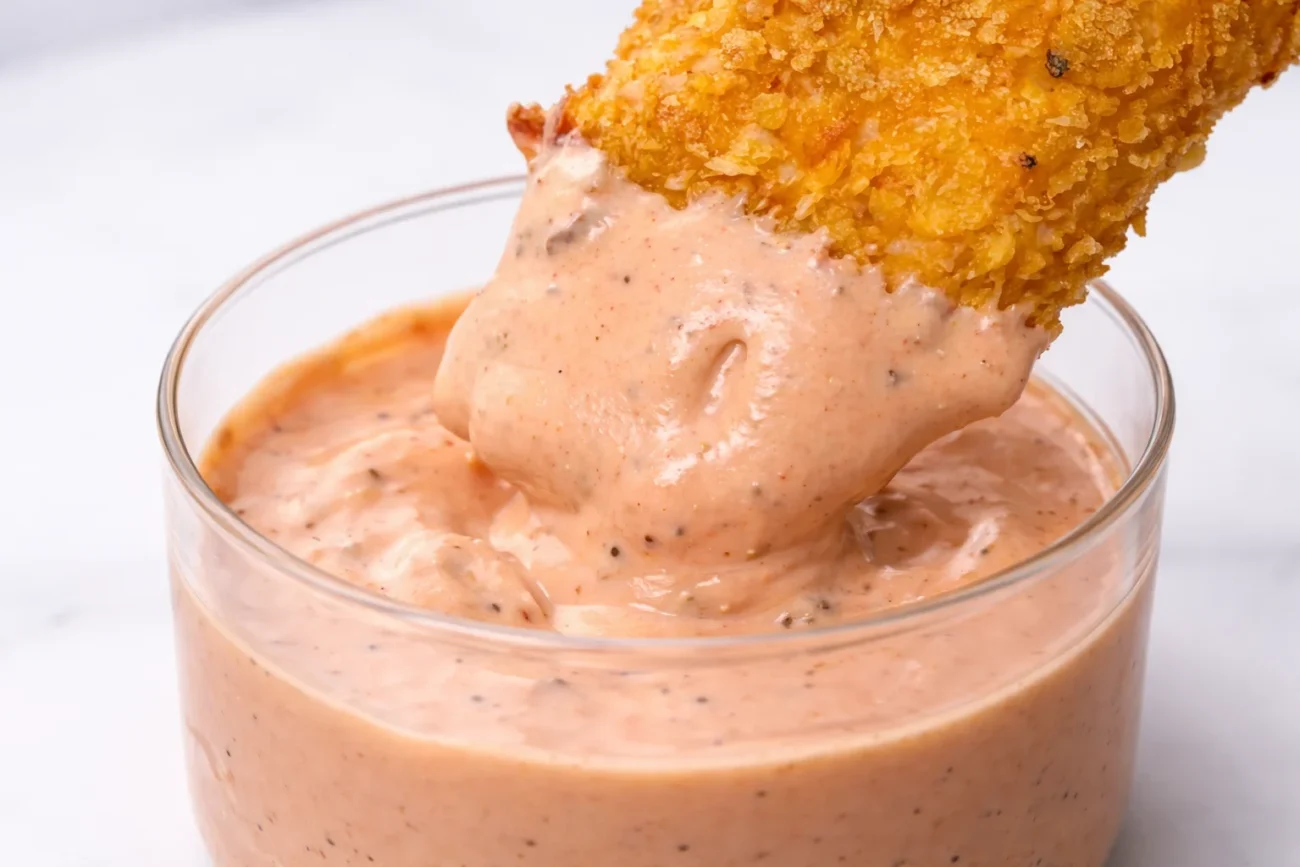 Crispy golden chicken tender being dipped into a creamy homemade spicy dipping sauce in a glass bowl.