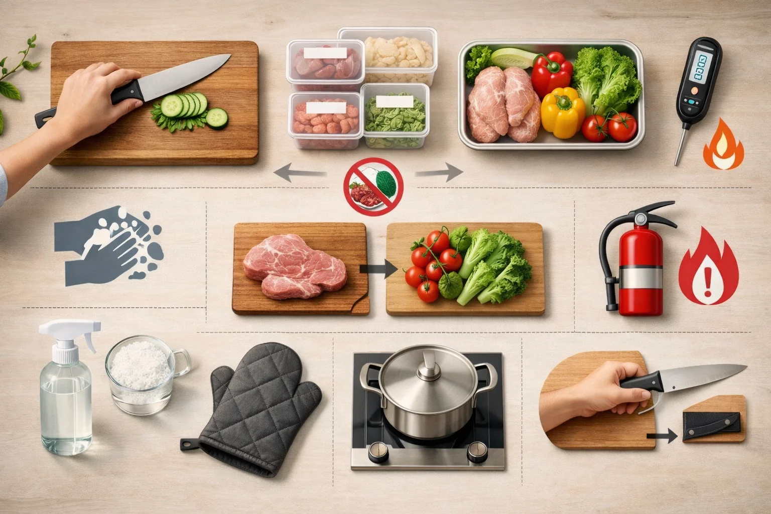 Kitchen safety infographic showing essential cooking safety tips including hand washing, knife safety, preventing burns, cleaning spills, and safe food handling