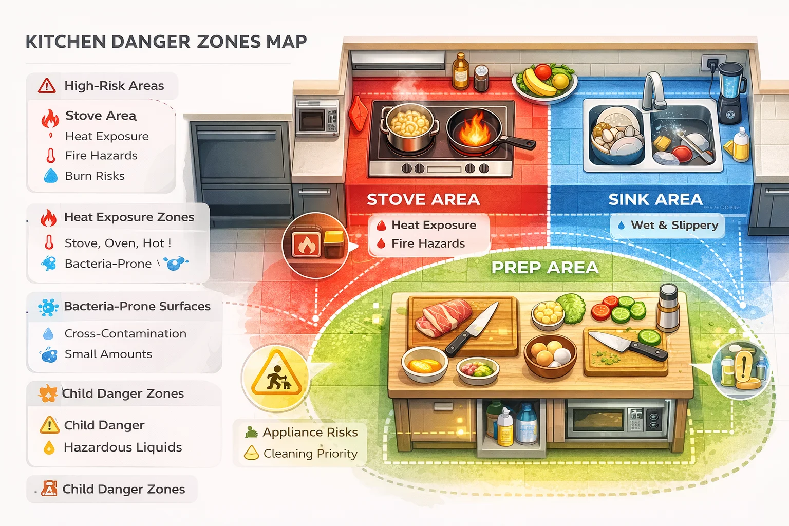Kitchen danger zones map showing stove, sink, and prep areas