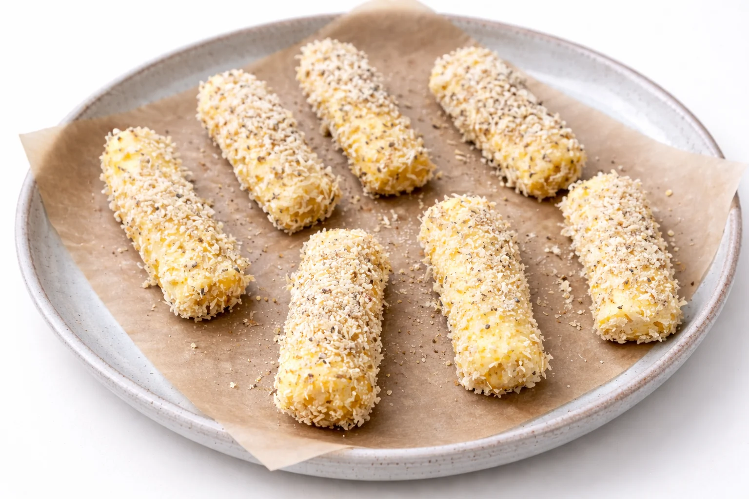 Breaded mozzarella sticks arranged on parchment paper before freezing and air frying