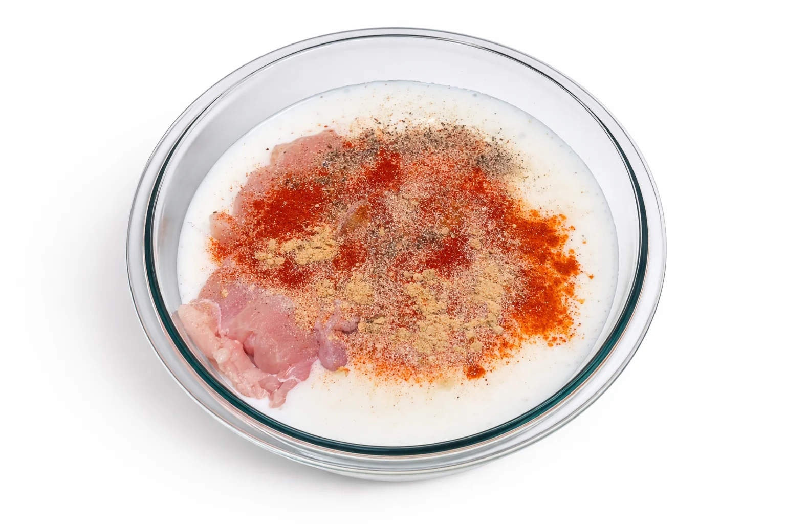 Seasonings added into buttermilk marinade with chicken