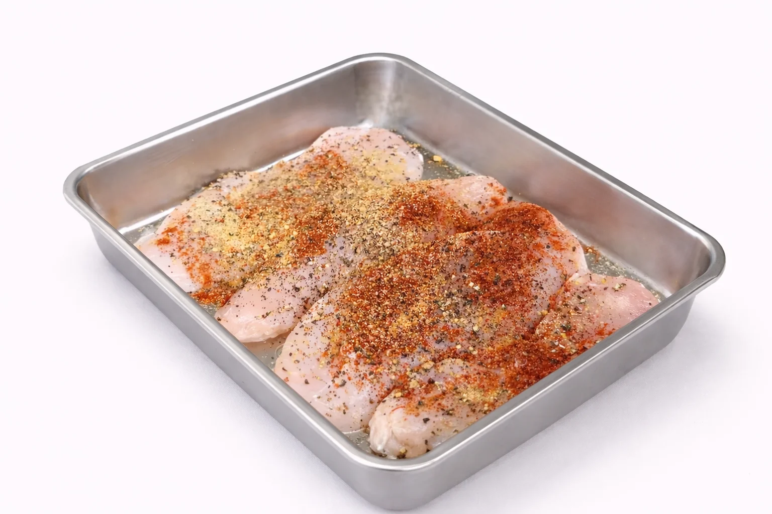 raw chicken breasts seasoned with paprika garlic powder herbs and pepper ready for creamy tuscan chicken