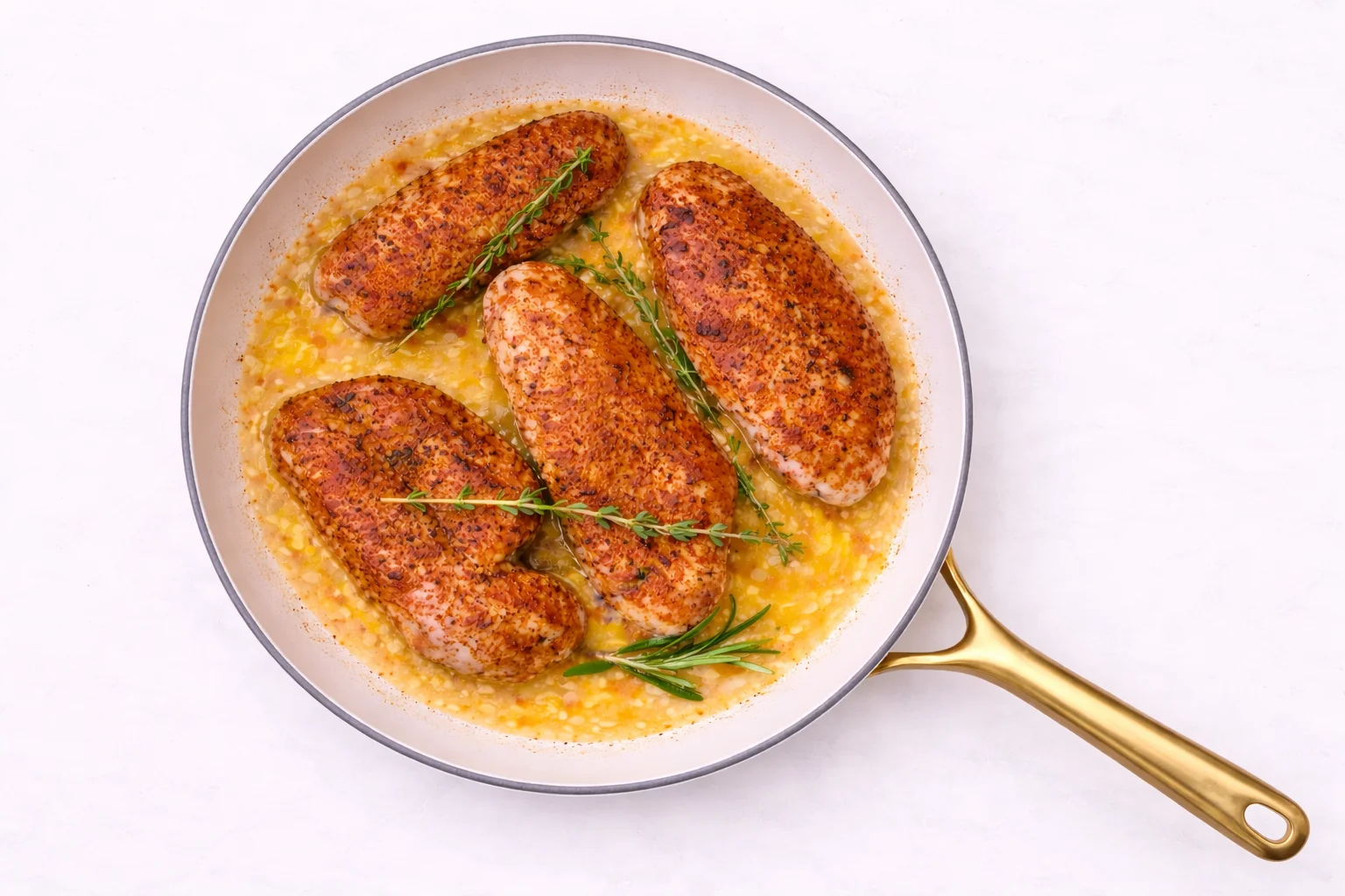 seasoned chicken breasts searing in skillet to develop golden crust