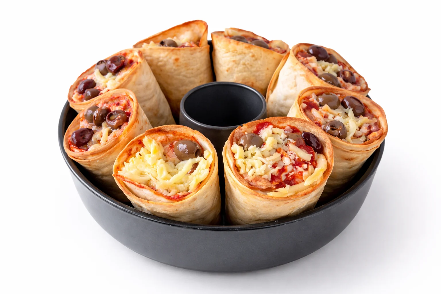 pizza cones recipe tortilla cones filled with tomato sauce mozzarella cheese olives and toppings arranged in a baking mold