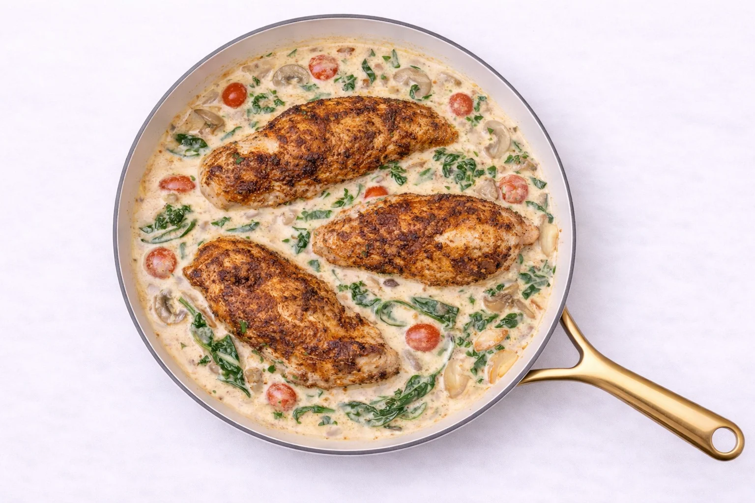 seared chicken simmering in creamy tuscan sauce with mushrooms and tomatoes