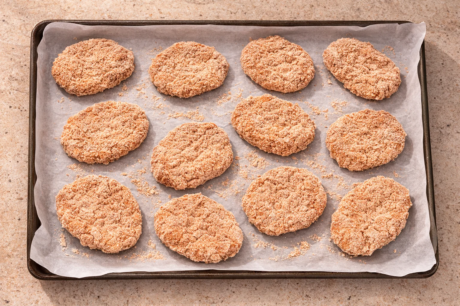 Breaded chicken nuggets arranged on parchment lined baking sheet ready for oven