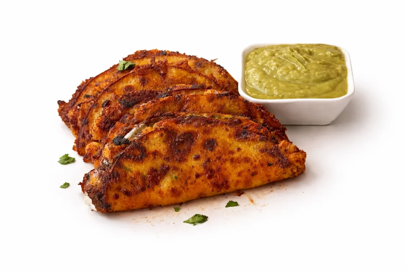 Golden crispy chicken tacos served with creamy avocado sauce