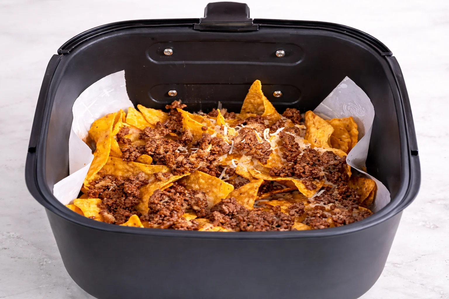 The first layer starts with crispy tortilla chips spread across parchment paper in the air fryer basket.