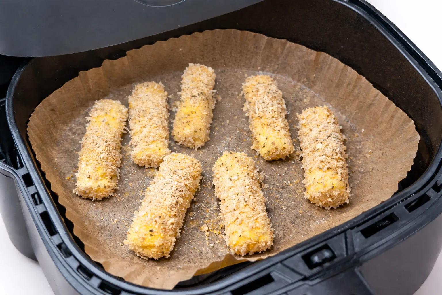 Frozen breaded mozzarella sticks placed in an air fryer basket lined with parchment paper