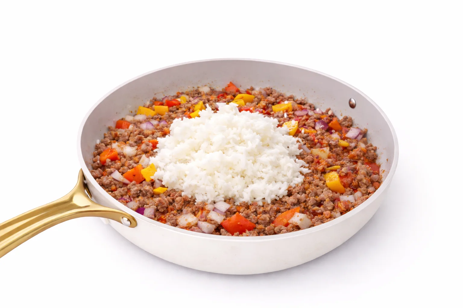 mixing rice with ground beef stuffed pepper filling