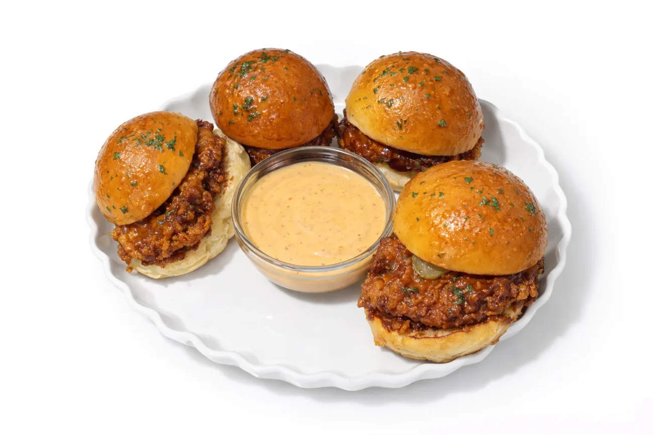 Hot honey chicken sliders served with dipping sauce