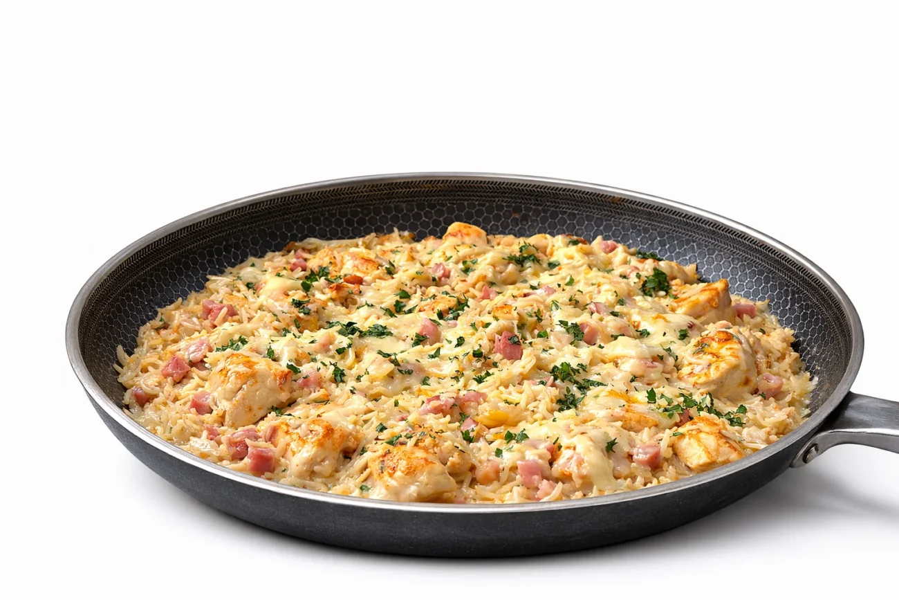 This creamy chicken and bacon rice is everything you want in a comforting weeknight dinner. Tender golden chicken pieces are folded into fluffy rice with smoky bacon and melted cheddar, all finished with a sprinkle of fresh parsley. It is rich, hearty, and cooked in one pan for an easy family meal that tastes like comfort in every bite.