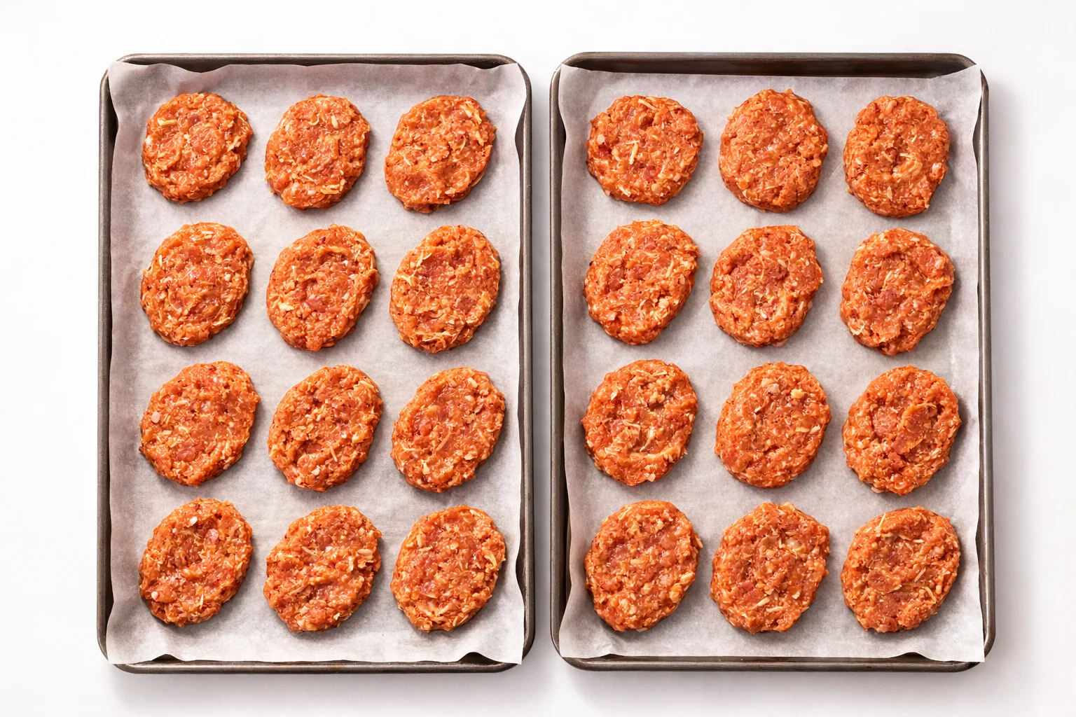 Raw chicken nugget patties shaped and arranged on parchment lined baking trays before coating