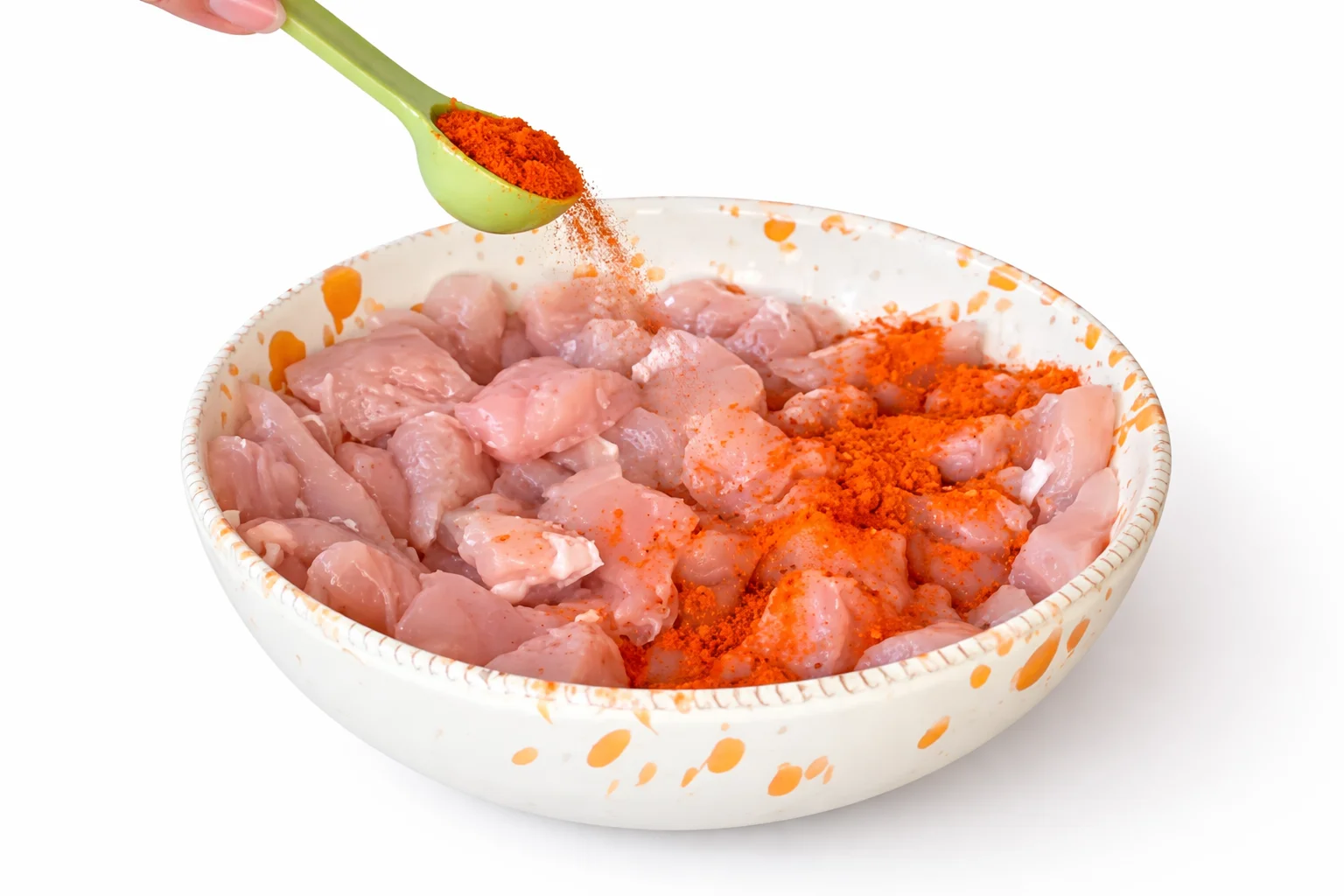 Raw diced chicken breast in a mixing bowl being seasoned with paprika and spices for creamy chicken and bacon rice recipe