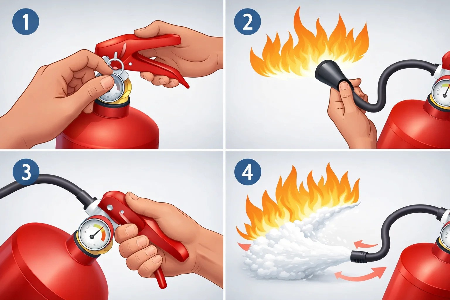 How to use a fire extinguisher using the PASS method in a kitchen fire emergency