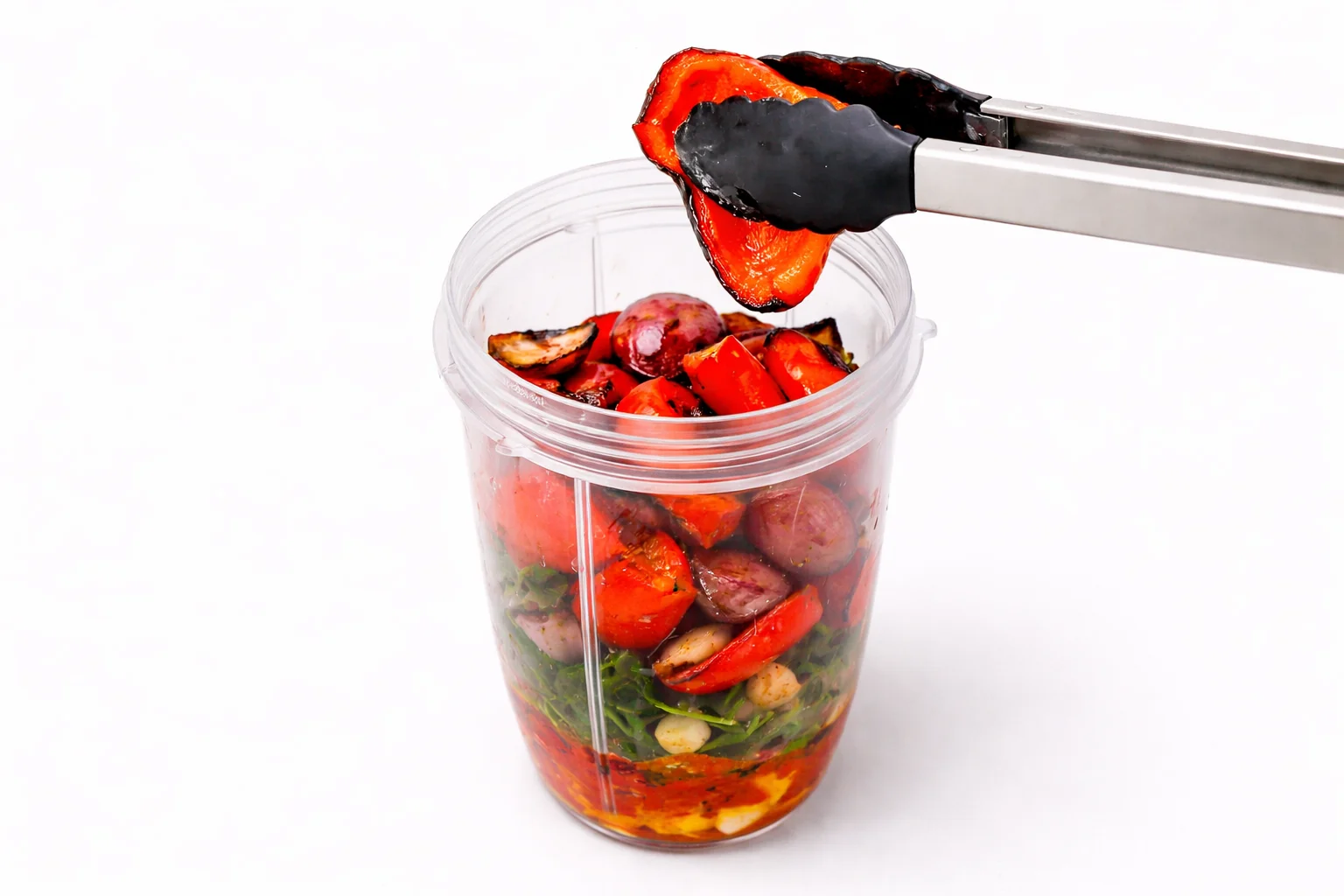 roasted peppers onions garlic herbs and oil added to a blender to make peri peri sauce