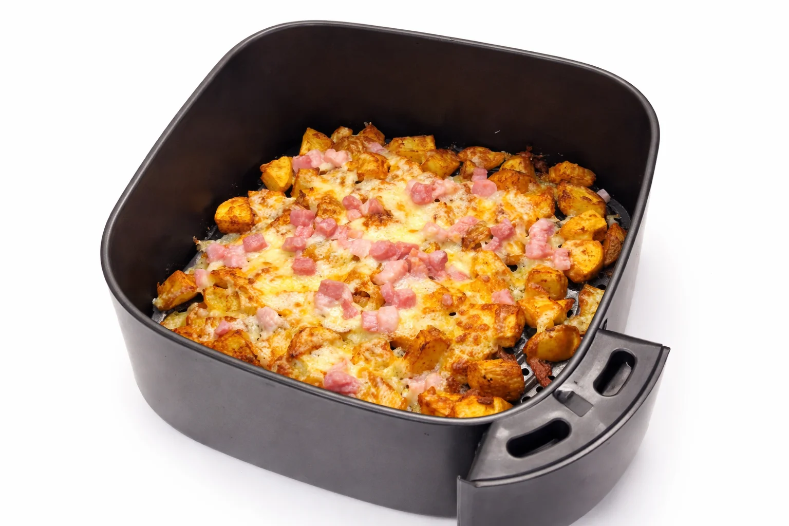 air fryer cheesy potato bites recipe step 5 melted cheese and bacon over crispy air fryer potatoes