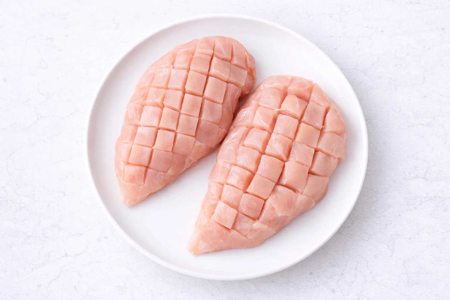 Raw chicken breast scored in crosshatch pattern
