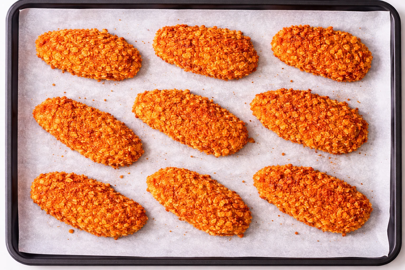 breaded chicken tenders arranged on a baking tray