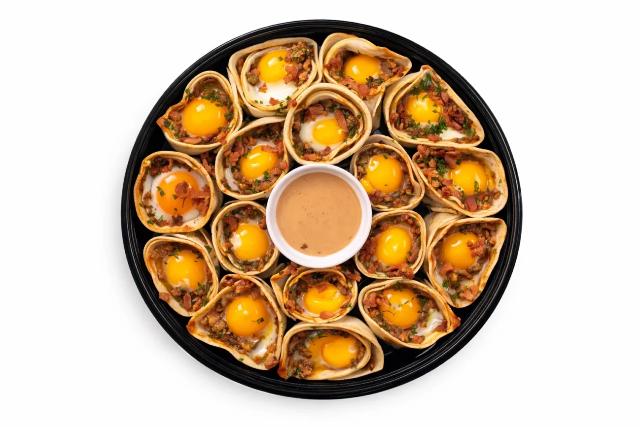 Crispy breakfast tortilla cones filled with eggs, sausage, bacon, and melted cheese served with dipping sauce.