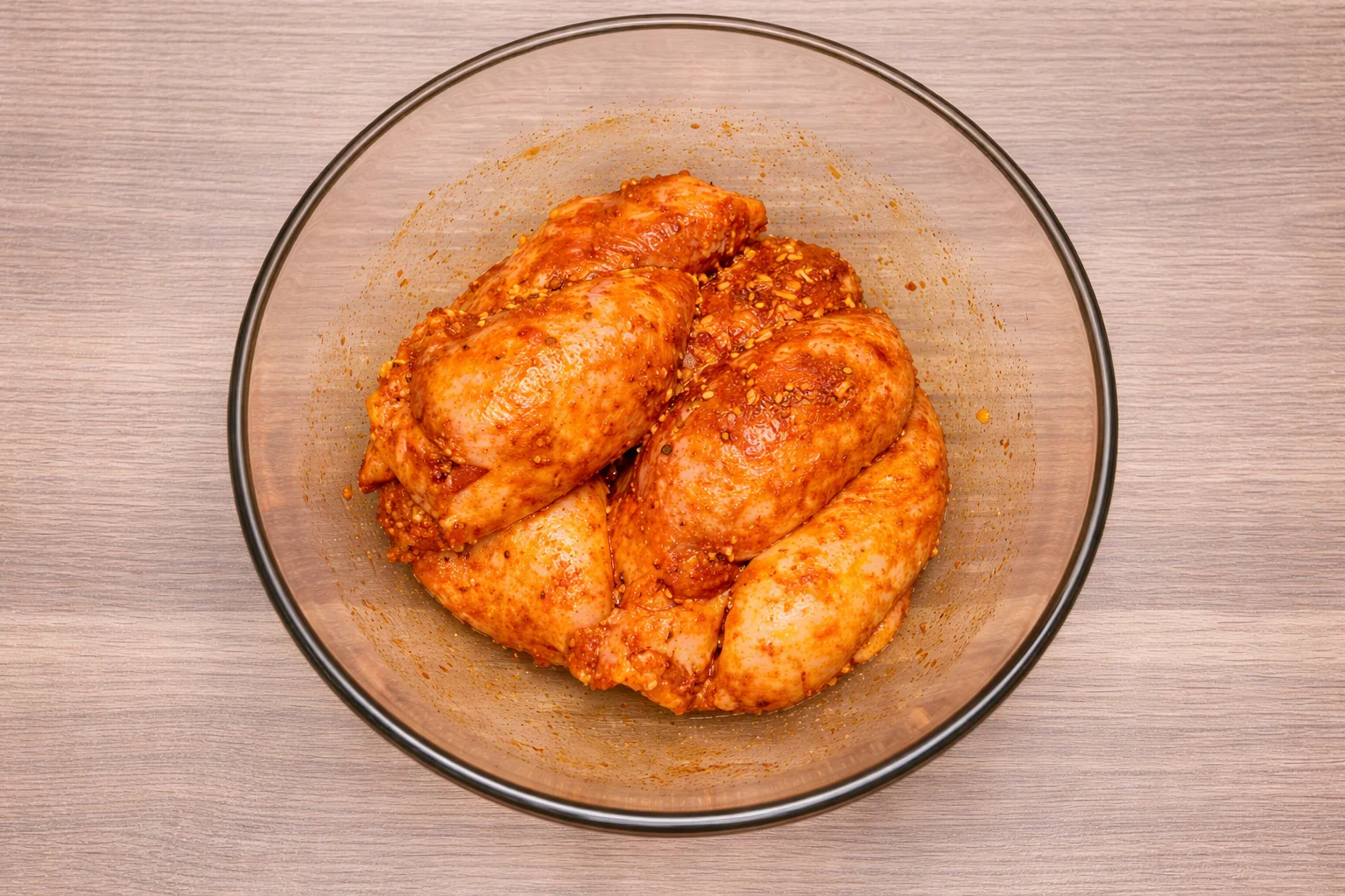 Chicken coated in Cajun seasoning in a mixing bowl