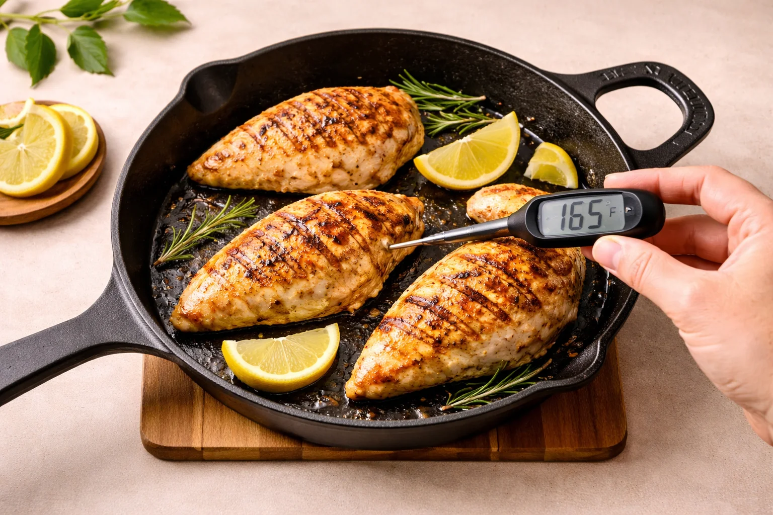 checking cooked chicken temperature using digital food thermometer