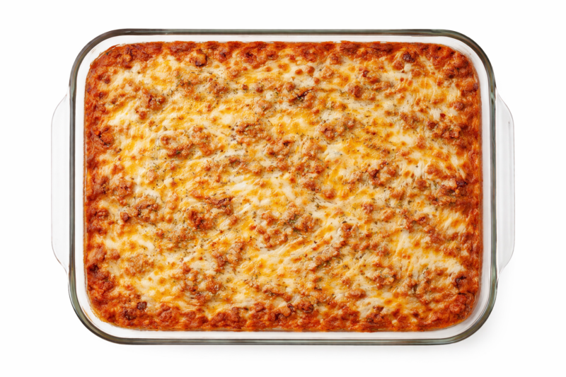 cheesy ground beef potato casserole baked with melted mozzarella in glass dish easy weeknight dinner