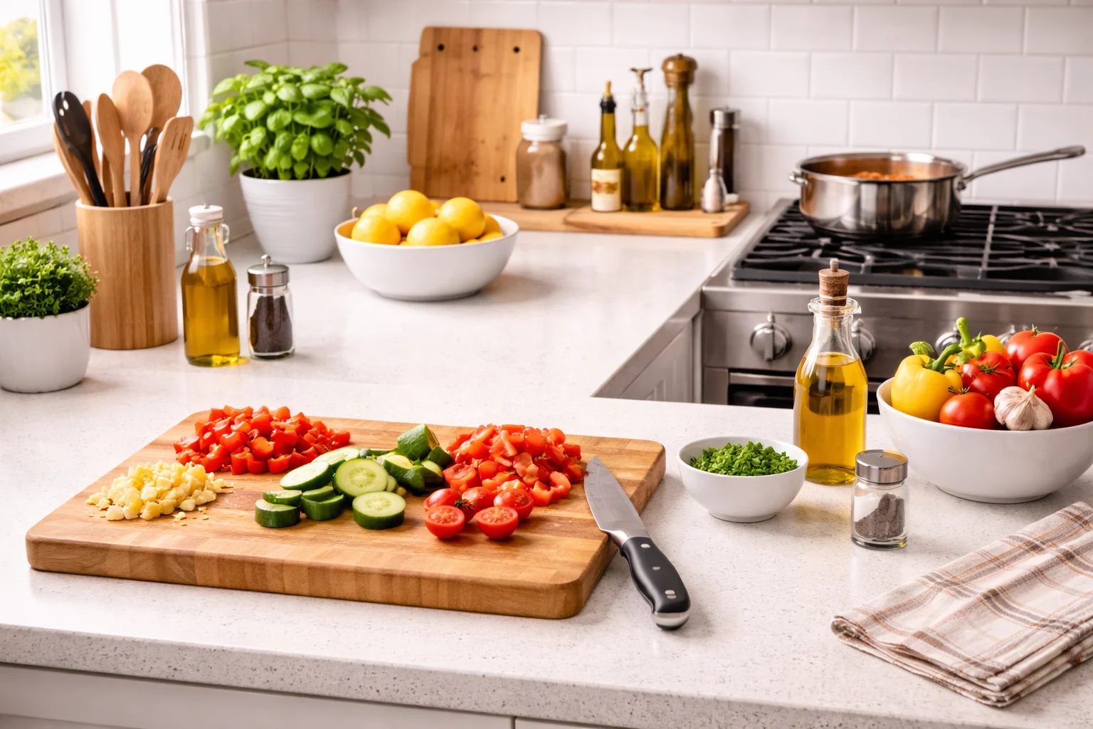 clean kitchen workspace with chopped vegetables and organized ingredients