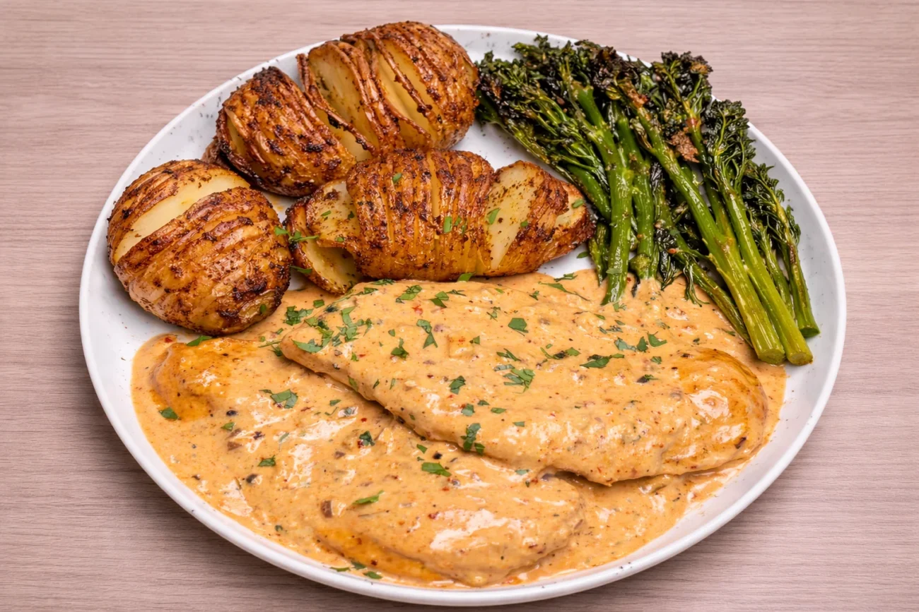 Creamy Cajun chicken served with crispy hasselback potatoes and broccolini