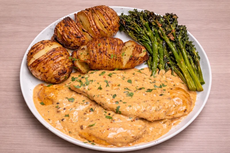 Creamy Cajun chicken served with crispy hasselback potatoes and broccolini