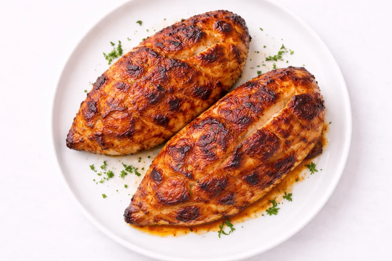 Crispy air fryer chicken breasts with sweet chili glaze served on a plate