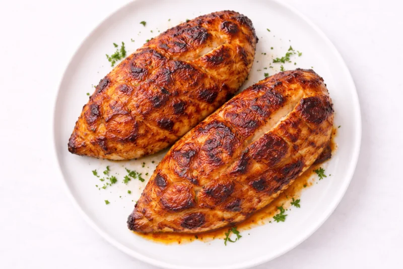 Crispy air fryer chicken breasts with sweet chili glaze served on a plate