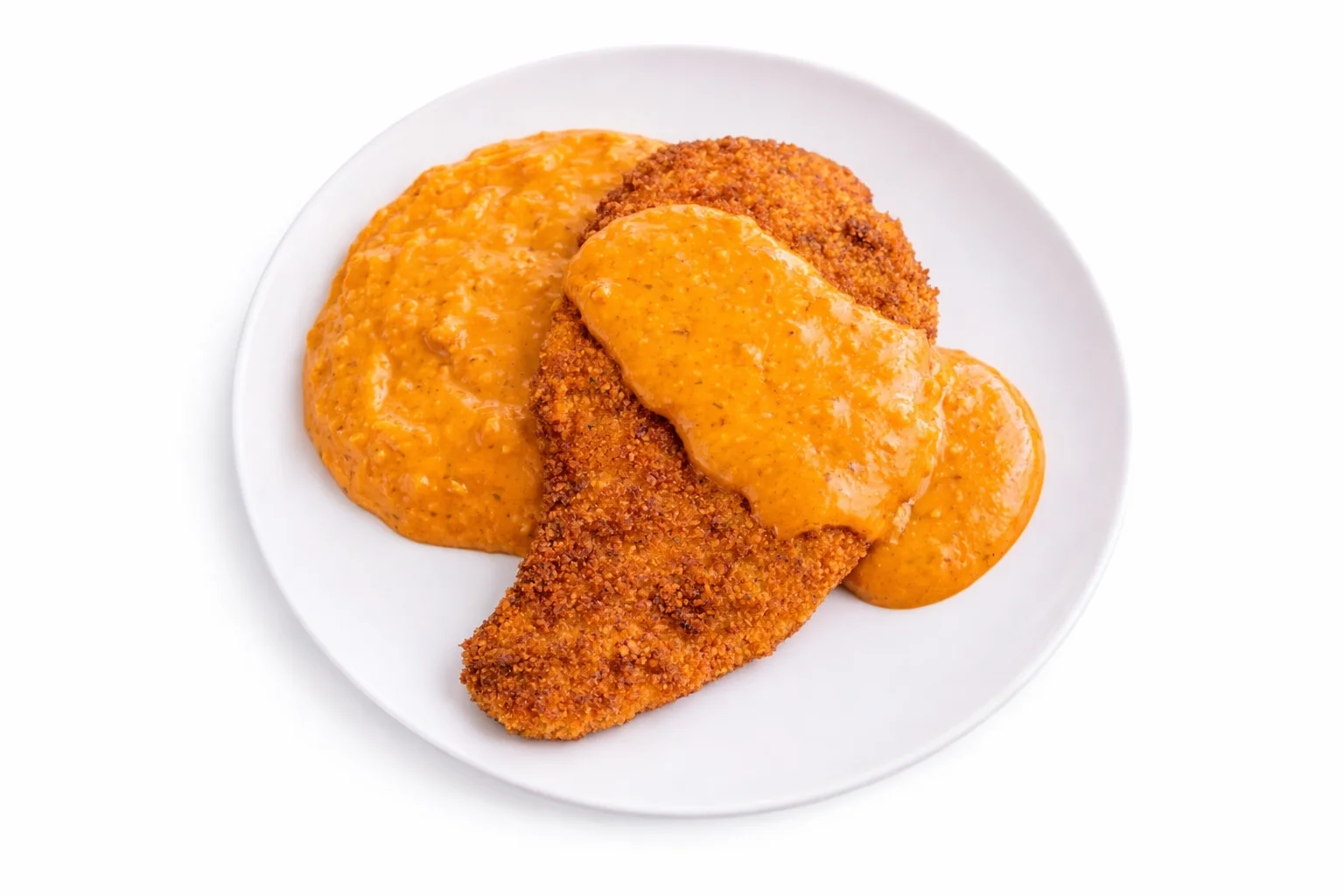 crispy breaded chicken topped with homemade peri peri sauce on a white plate