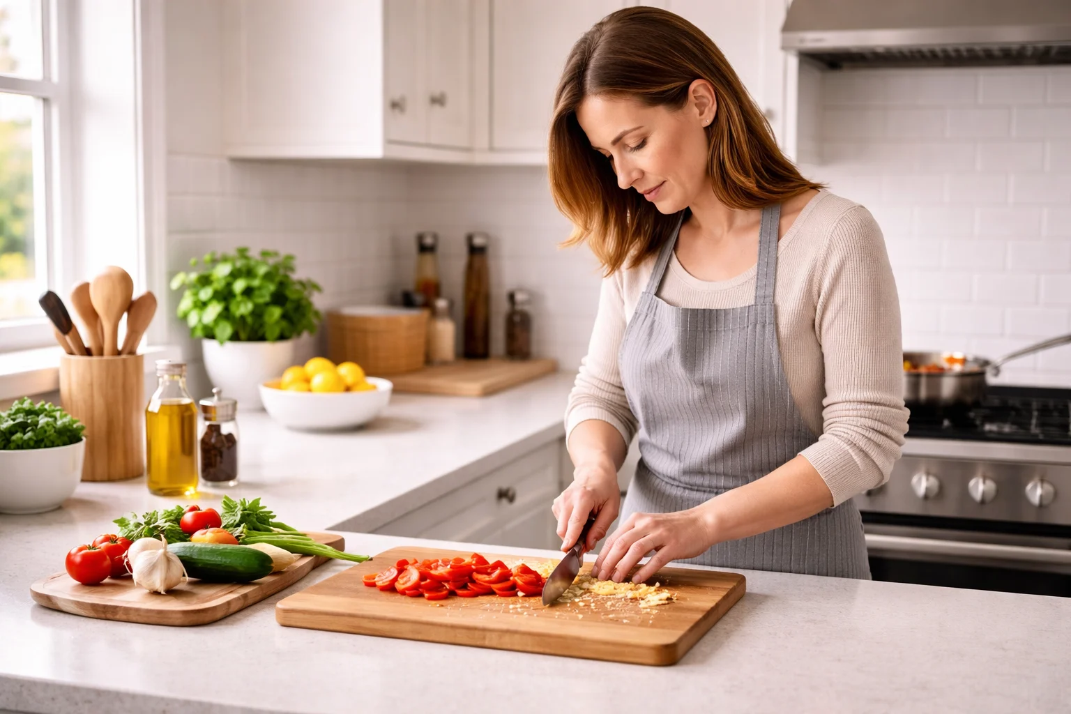 home cook carefully chopping vegetables in bright kitchen
